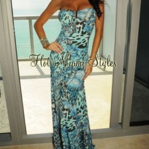 Turquoise Animal Print Maxi Strapless Dress